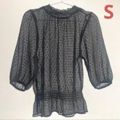 S GU シアー　シースルー　シフォン　ドット ブラウス　五分袖　ブラック　黒