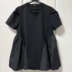 フィットモアー　ジャガード切り替えペプラムカットソーハーフスリーブ 黒