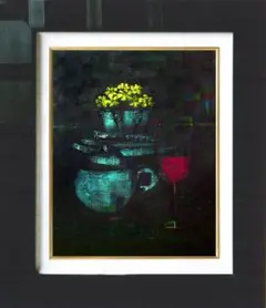 油絵 菅家令子 絵 絵画インテリア額付(青緑＋金色の枠)uF6-063504花器 油絵菅家令子絵インテリア額付(青緑＋金色の枠)uF6-063404 花瓶 グラス