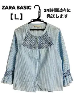 ZARABASIC ストライプブラウスシャツ 水色 バラ刺繍 フライフロント Ｌ