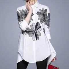 【ホワイト花柄刺繡★Ｌサイズ】レディース七分袖 ブラウス シャツ