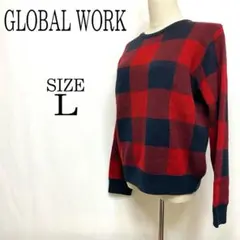 GLOBAL WORK　チェック柄　ニット　セーター　赤×ネイビー　アクリル　L