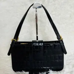 ヒロココシノ フォーマル ハンドバッグ ショルダー クロコ型押し 黒 レザー