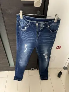 GRL スキニーデニム M 濃青 ダメージ加工