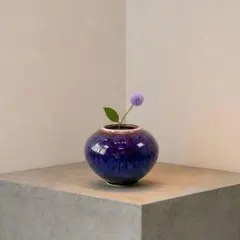 ヴィンテージ 清水焼 陶器 花瓶 青色 丸型 レトロ モダン インテリア 花器のサムネイル