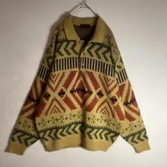 【ニット】セーター　ハーフボタン　総柄　襟付き　山吹色　使用感　古着