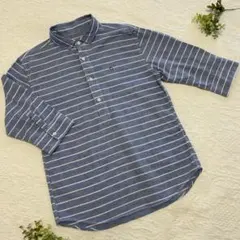 美品【Arnold Palmer メンズ七分袖シャツ】ブルーボーダー柄【綿麻】のサムネイル