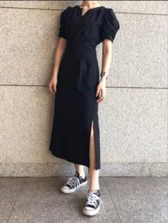 ラグナムーン　パフスリーブ　ロングワンピース　夏　ブラック　細見え　タイト　半袖