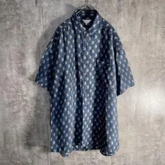 シルク100% 総柄 半袖シャツ L レトロ柄 ビンテージ風 ビッグシルエット