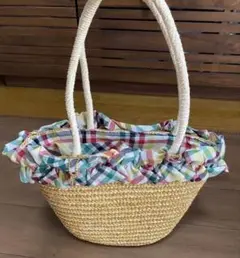美品 アーノルドパーマー かごバッグ チェック フリル 巾着 チャーム付きのサムネイル