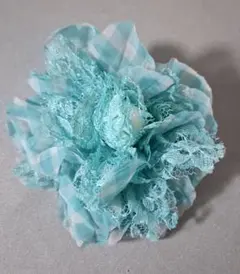 水色チェック柄レースブローチ コサージュ 髪飾り