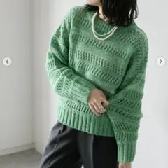 Samansa Mos2 blue 透かし柄ニットプルオーバー グリーン