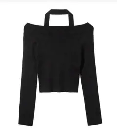 長袖ニットトップス 秋冬 黒 セクシートップス