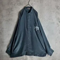 古着 バンドカラーシャツ 刺繍 光沢 ダークグリーン