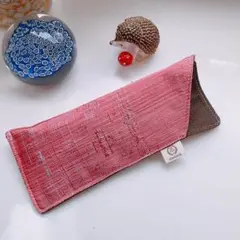 メガネケースペンケース等に★結城紬？ピンクのお花模様が可愛い着物生地ハンドメイド