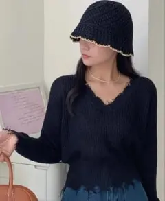 Vネックニット クラッシュニット 長袖 ブラック 黒 vipoa