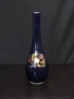 陶器 濃紺 花瓶 花器 一輪挿し 金箔の鳥装飾あり 共箱無し
