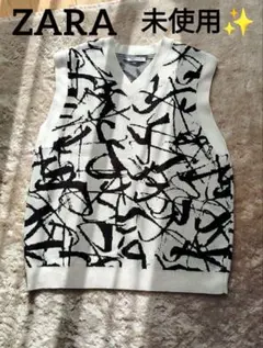 ZARA 新品 グラフィック柄 ニットベスト XL 白黒 メンズ