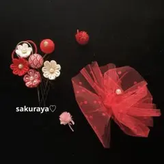 【436】つまみ細工髪飾り　七五三詣 ひな祭り　ヘッドドレス　レッド桃ホワイト