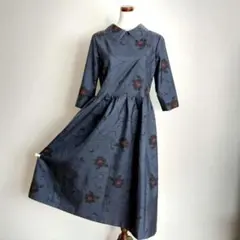 ★着物リメイク 大島紬　正絹　★衿付七分袖　ロングワンピース　一点物
