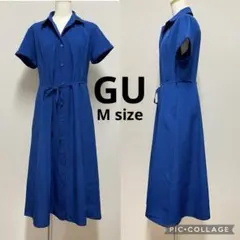 GU シャツロングワンピース　Aライン　リボン　サイドポケット　半袖　夏　青