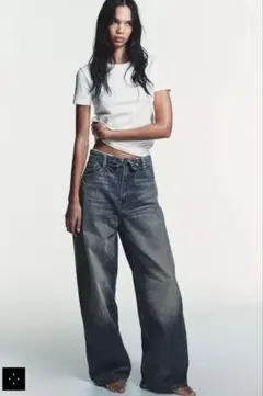 ZARA TRFミッドライズ折り返しウエストデニムパンツ　34