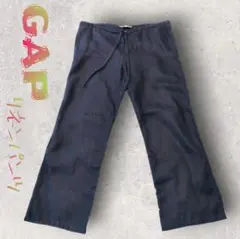 GAP 麻100% リネンワイドパンツ イージーパンツ ネイビー M 紐ウエストのサムネイル