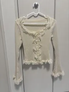 SHEIN レースフリル 長袖リブニット アイボリー