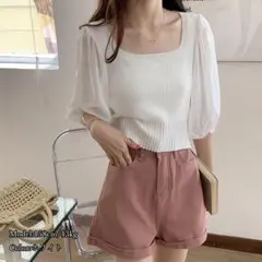 【42】ニットトップス 袖切り替えサマーニット 五分袖 洋服
