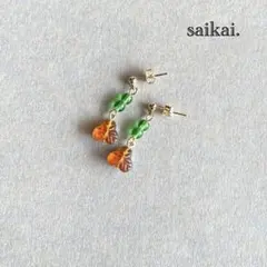 [950]チェコガラスリーフのピアス グリーン ブラウン シルバー ハンドメイド