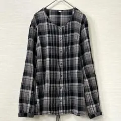 ユニクロ♡シャツ（M）チェック　黒　グレー　ノーカラー　チュニック