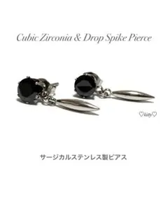 【キュービックジルコニア&スパイクピアス ブラック 6mm】ステンレス a05