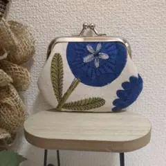 ハンドメイド　ミニがま口ポーチ（花柄　ブルー）