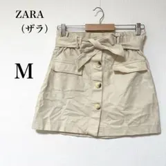 【ザラ】ホワイトデニム　ミニスカート　フロントボタン　ウエストゴム　リボン　M