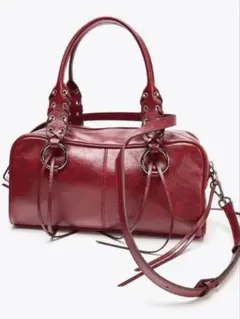 ZARA ボウリングバッグ　フリンジ付きレッド　2way ボストンバッグ　赤