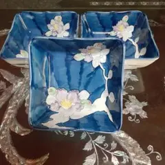 有田焼　昭栄窯　青地花柄　深型角皿　和食器　陶磁器　昭和レトロ