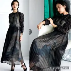 美品 カラルス Lサイズ 結婚式二次会フラワープリントシフォンプリーツワンピース