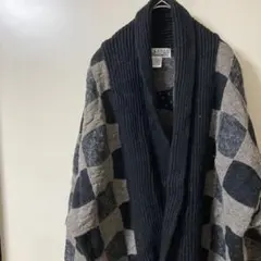 ④LORENZI ネイビー グレー チェック カーディガン メンズL