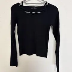 リブニット クロスストラップ長袖トップス ブラック