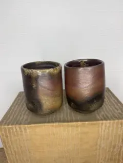 【未使用・共箱付】十三代 臥牛窯 湯呑2客セット 長崎県無形文化財 窯印あり 臥牛の湯呑み2客、現川焼 臥牛窯第十三代横石臥牛作、長崎県無形文化財