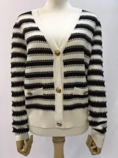 ニットカーディガン　レディース　ボーダー　Vネック　長袖　韓国ファッション