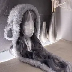 羊ボンネット　シャギー　グレー　ロリータ　サブカル　猫耳ニット帽