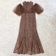 Leja フリル半袖シアーレース花柄刺繍ウエストマークマーメイド
