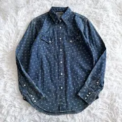 超希少 RRL デニムウエスタンシャツ 抜染ロゴ総柄 ヴィンテージ加工 M相当