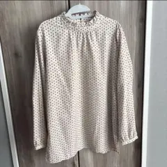 【美品】ドット柄ブラウス フリルネック 長袖トップス ベージュ系