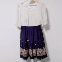 【美品】L'EST ROSE 膝丈ワンピース 七分袖 レトロローズ 紺