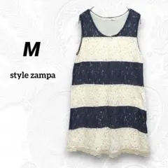 レディース総レースチュニック 【M】ノースリーブ　ボーダー　ネイビー白　春夏