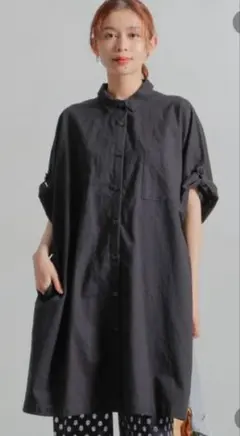 studio CLIPロールアップシャツチュニックワンピース　ブラック　Fサイズ