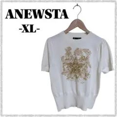 ANEWSTA 星柄 刺繍 サマーニット 半袖 白 パフスリーブ 綺麗め XL