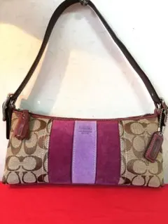 美品♥COACHショルダーバッグ シグネチャー　パープル スエード　レザー　袋付